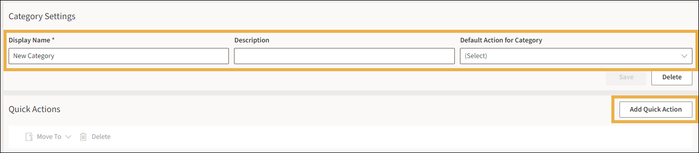 Quick Action setting creation window with yellow highlight boxes around Display Name, Description, Default Action for Category, and the Add Quick Action button.